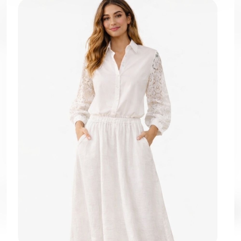 Linen Cotton Blend Rafael Large White Lace Sleeve Button Down Top